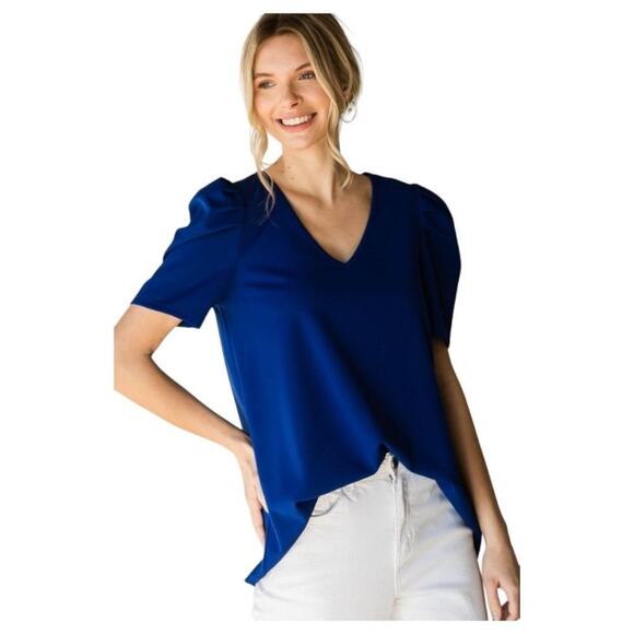 Jodifl Royal Blue Puff Shoulder Short Sleeve V-Neckline Blouse Top Size Medium - Picture 1 of 8